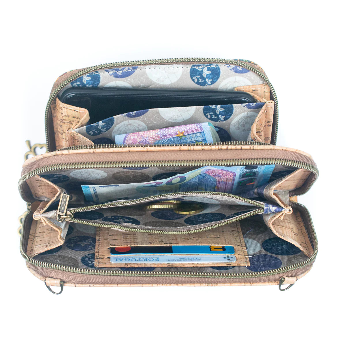 Aus Kork gefertigte Damen-Handytasche mit Blumenmuster