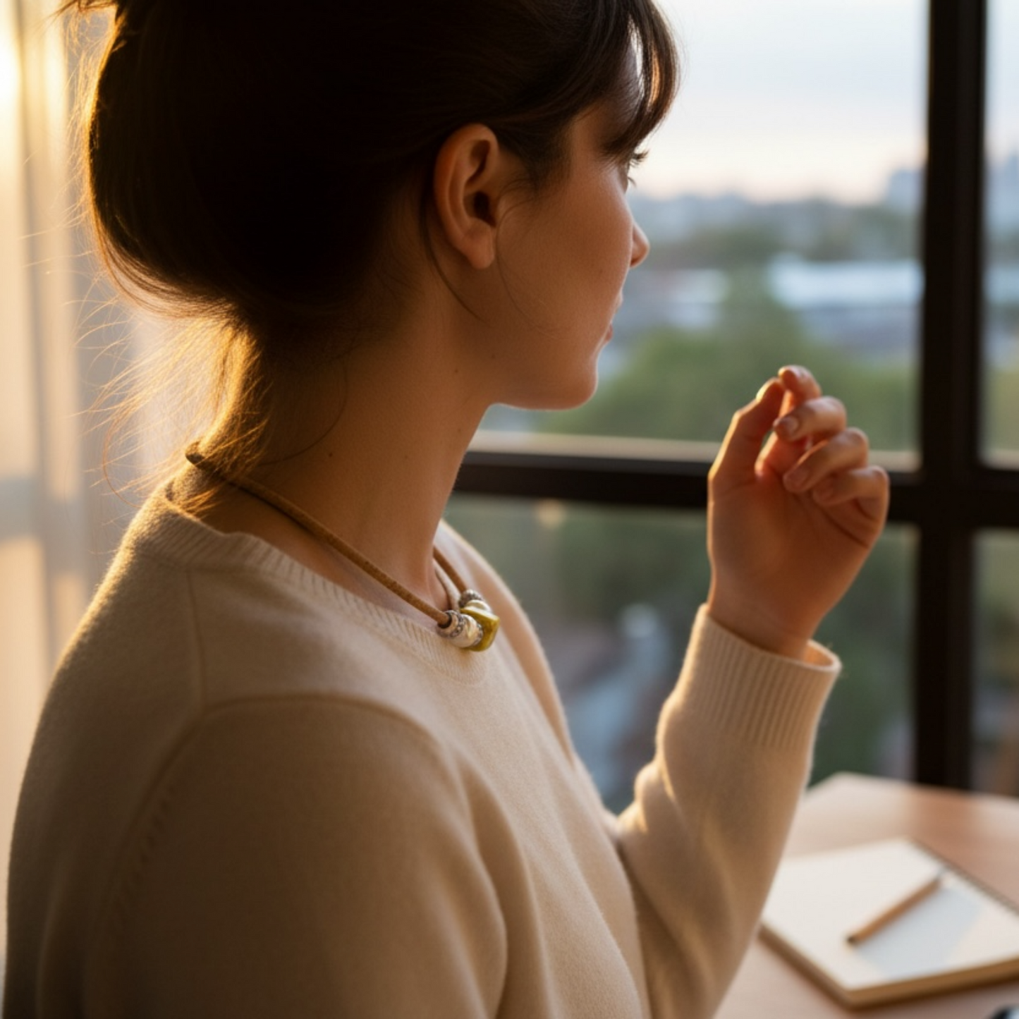 Halskette aus Naturkork und gelben Porzellanperlen