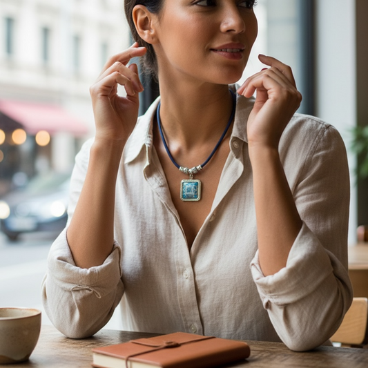 Handgefertigte Halskette mit blauem Korkseil