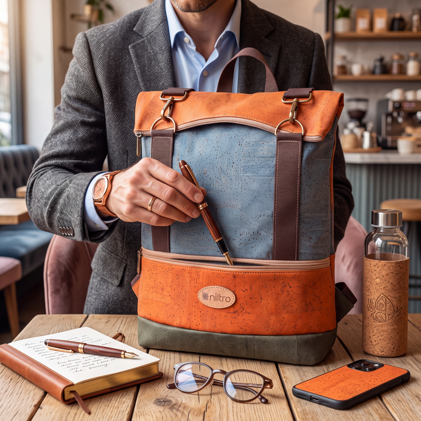 Individuell gestalteter Unisex-Rucksack aus Kork. Handgefertigt in natürlichen Farben.