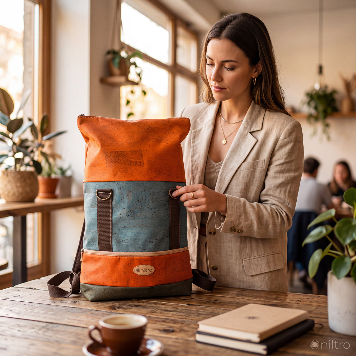 Rolltop-Verschluss ermöglicht flexible Stauraum-Anpassung, während die hochwertigen Materialien Langlebigkeit garantieren. Ideal für bewusste Konsumenten, die Wert auf ökologische Verantwortung und funktionales Design legen.