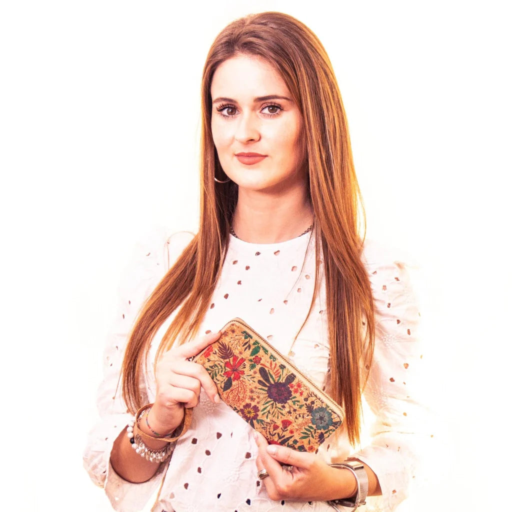 Damen-Geldbörse aus Naturkork mit Blumenmuster und Reißverschluss