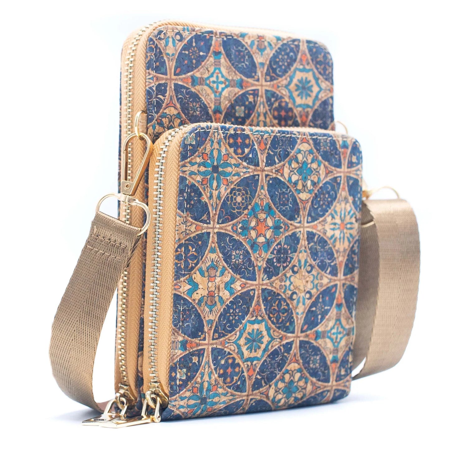 Doppelreißverschluss-Handytasche zum Umhängen aus Naturkork