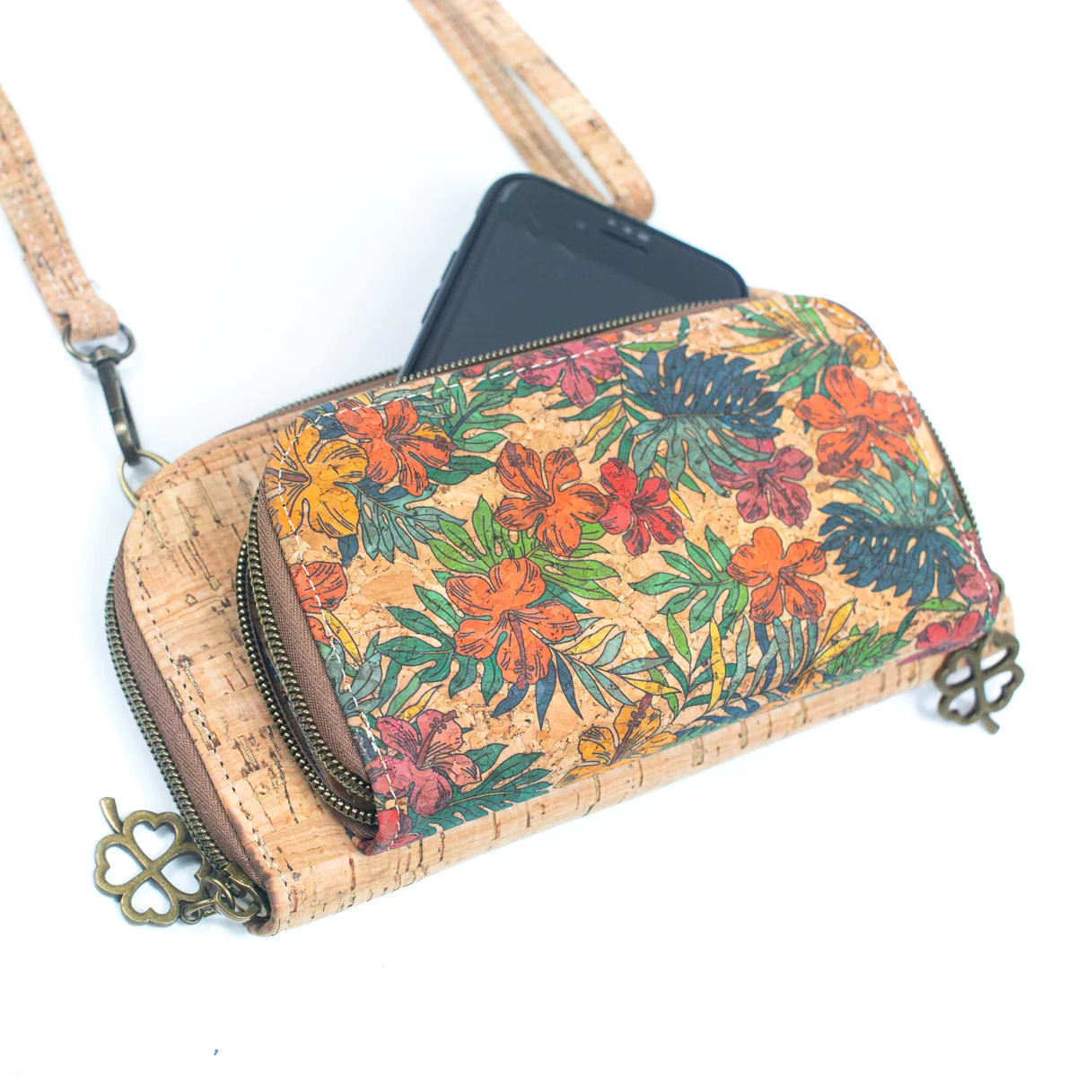 Aus Kork gefertigte Damen-Handytasche mit Blumenmuster