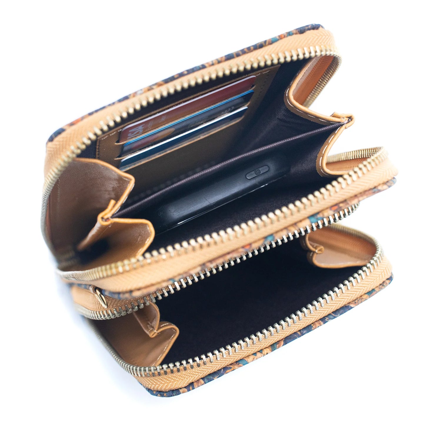 Doppelreißverschluss-Handytasche zum Umhängen aus Naturkork