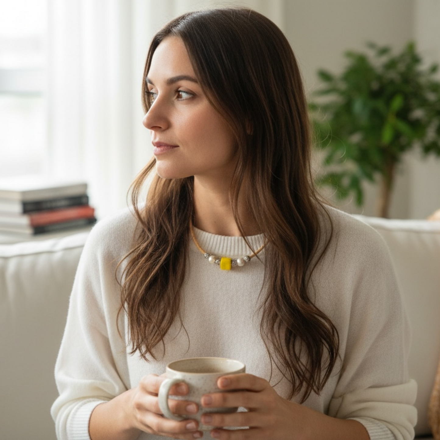 Halskette aus Naturkork und gelben Porzellanperlen