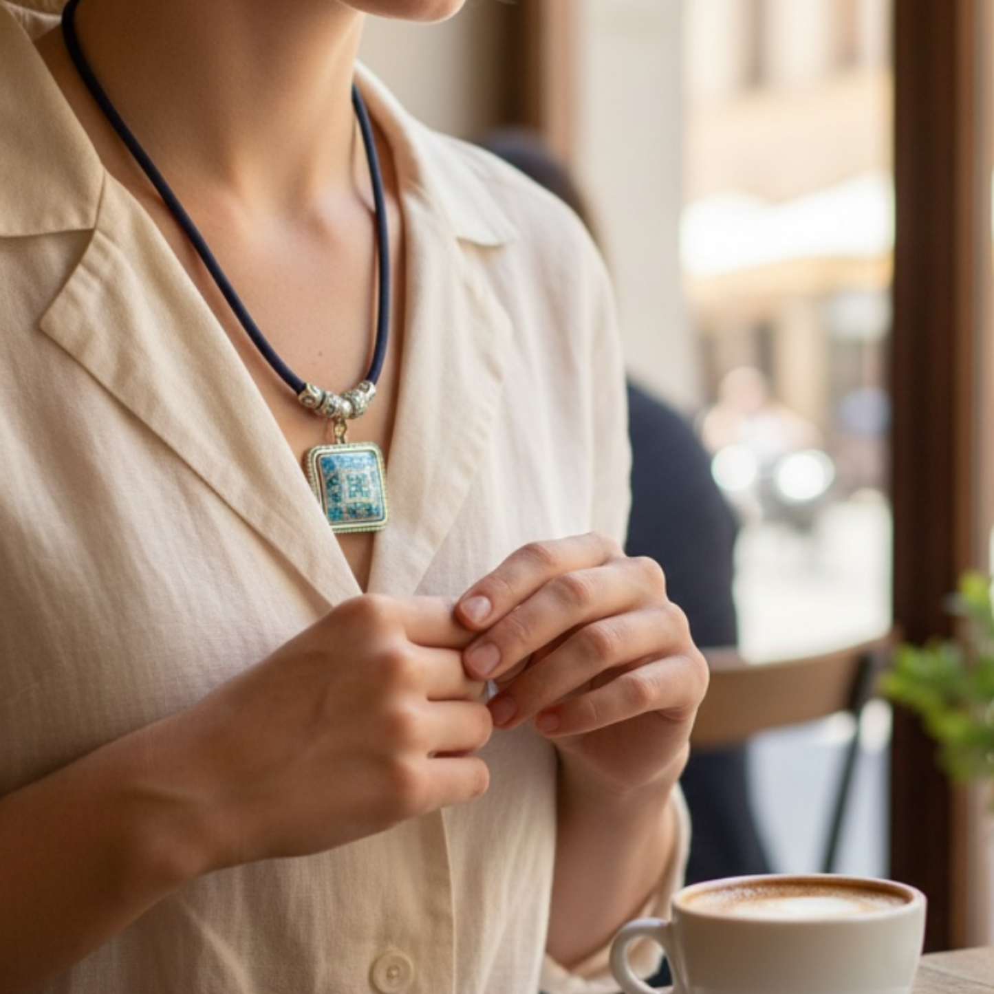 Handgefertigte Halskette mit blauem Korkseil