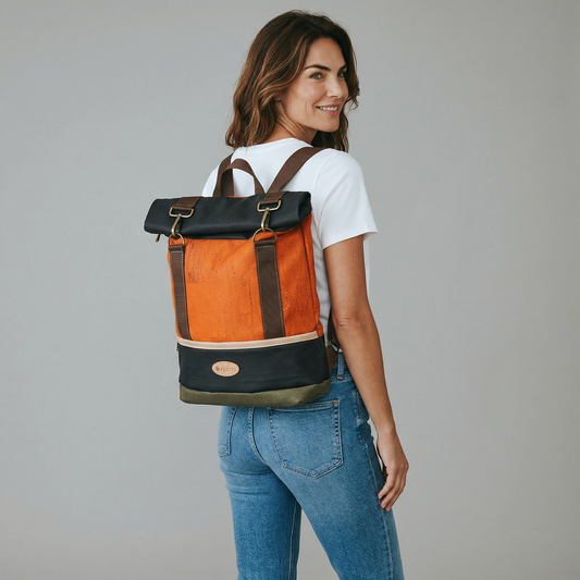 Rolltop Rucksack aus kork mit Reißverschluss