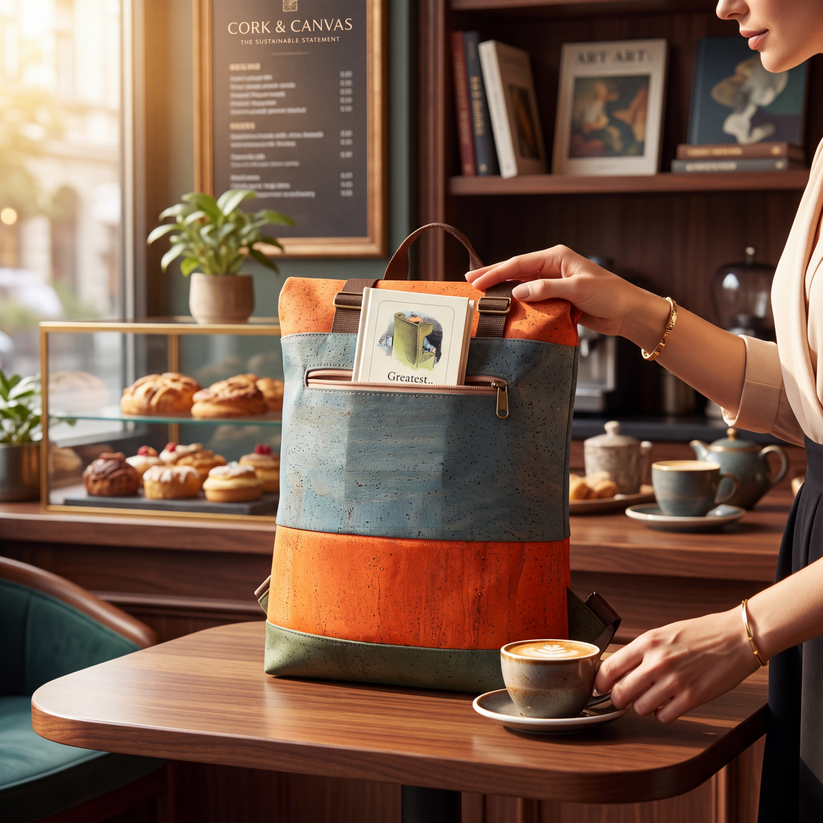 Der Rolltop Rucksack aus Kork repräsentiert Luxus trifft Nachhaltigkeit.
