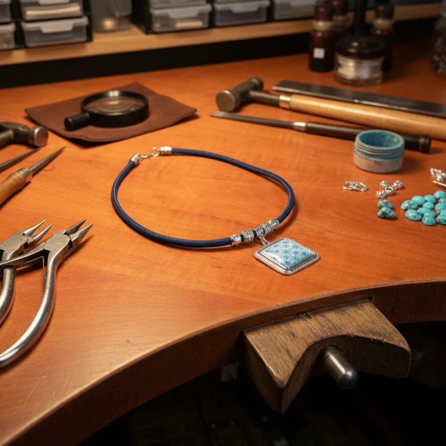 Handgefertigte Halskette mit blauem Korkseil