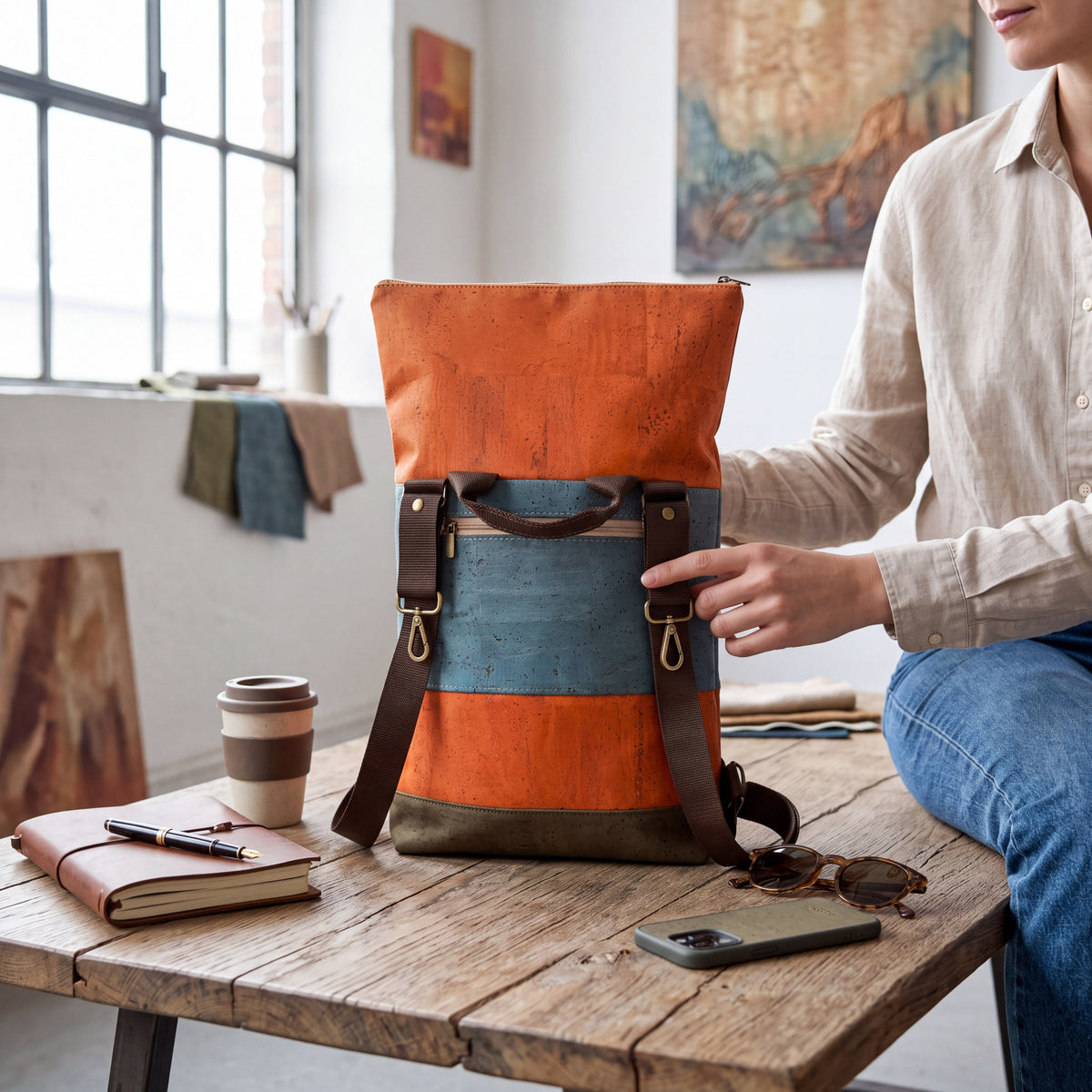 Als Teil der niltro-Kollektion verkörpert dieser Kork Rucksack das Engagement für ethische Mode ohne Kompromisse bei Qualität oder Stil. Ein Investment in bewussten Luxus.